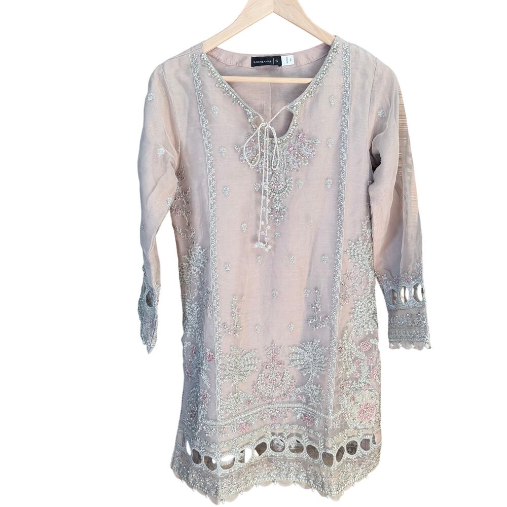 Sadabahar Festive tunic shirt small tan heavy beading embellishment Indian